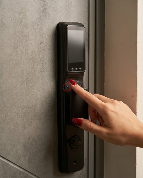Кнопка открытия двери слева на внутренней панели замка: обведена красным рядом с пальцем